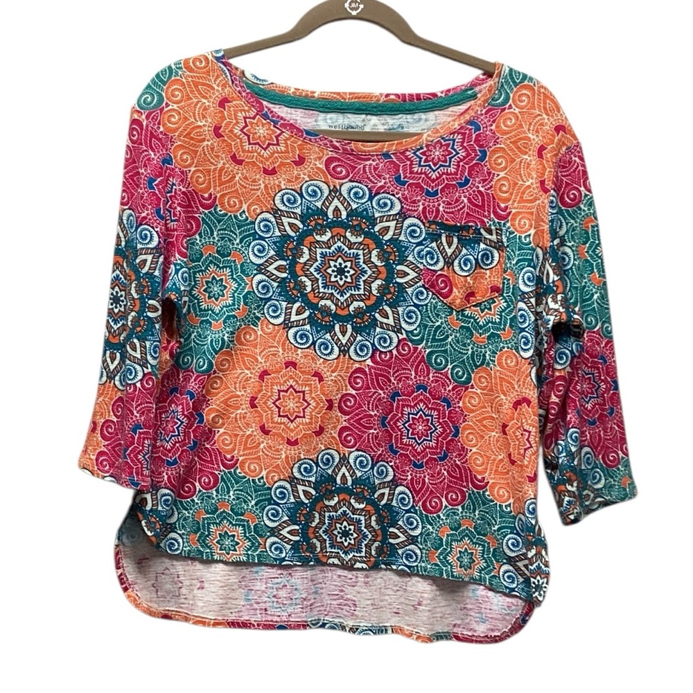Westbound Hippie boatneck vibrant print top Size Large Petite